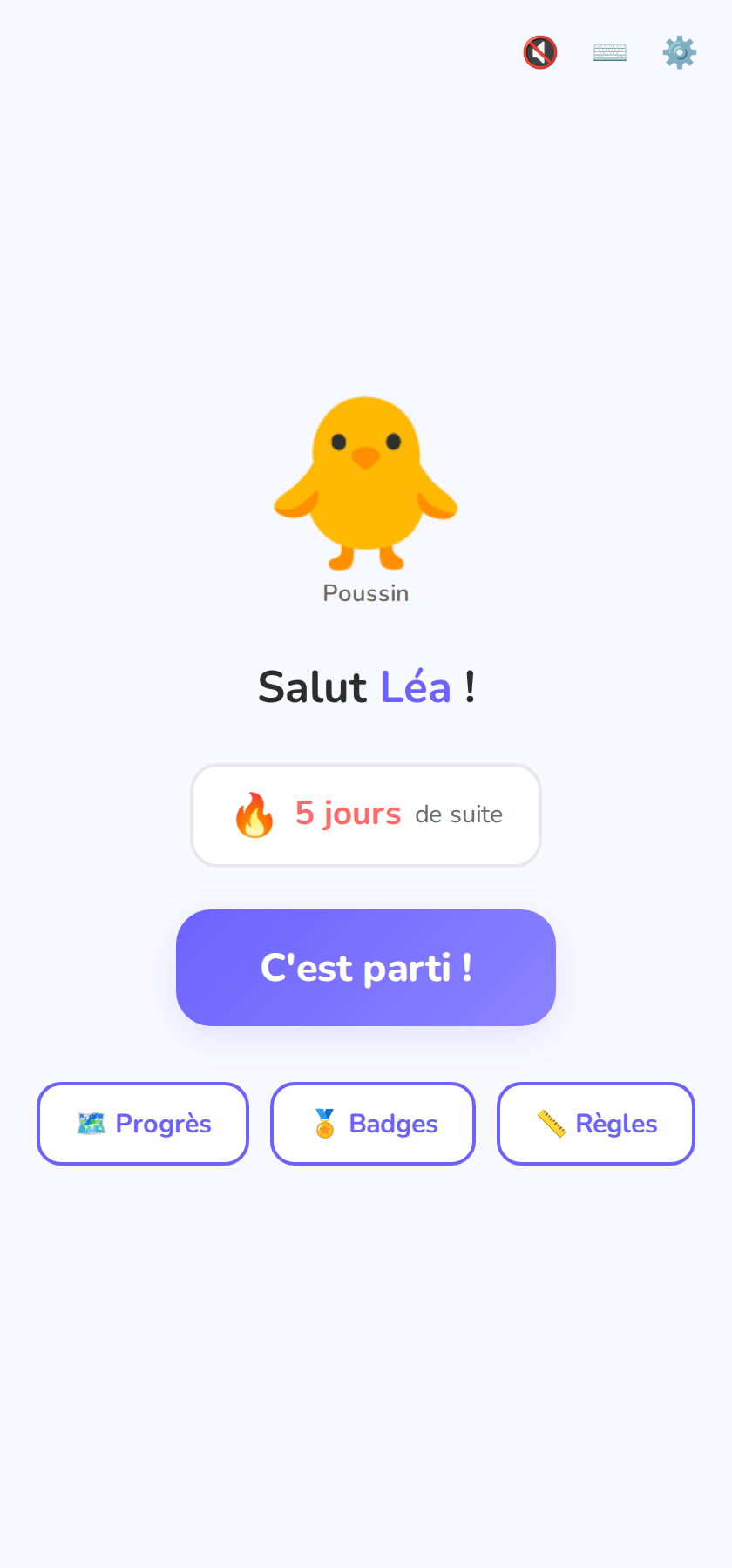 Accueil avec mascotte niveau 3 et série de 5 jours.