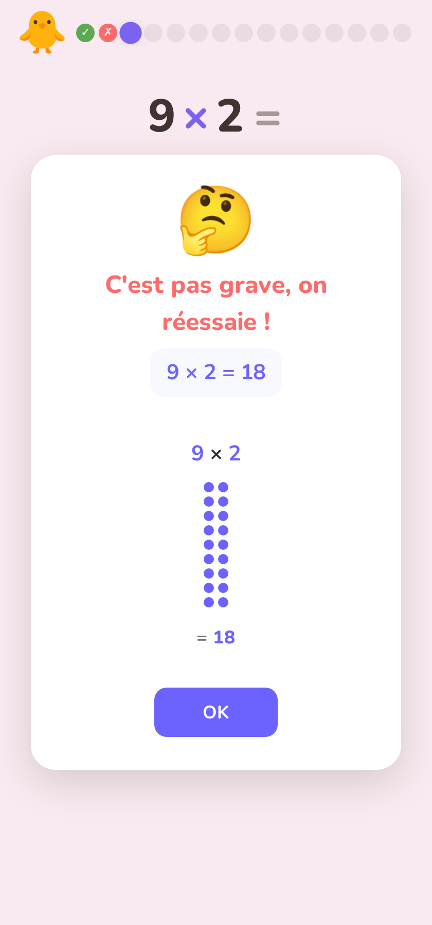 Réponse incorrecte — grille de points et rappel de l'astuce.