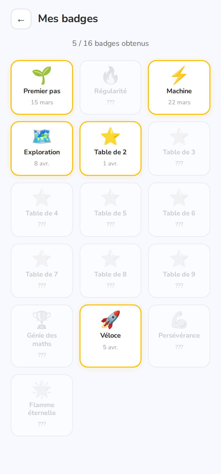 Collection de badges — obtenus et à débloquer.