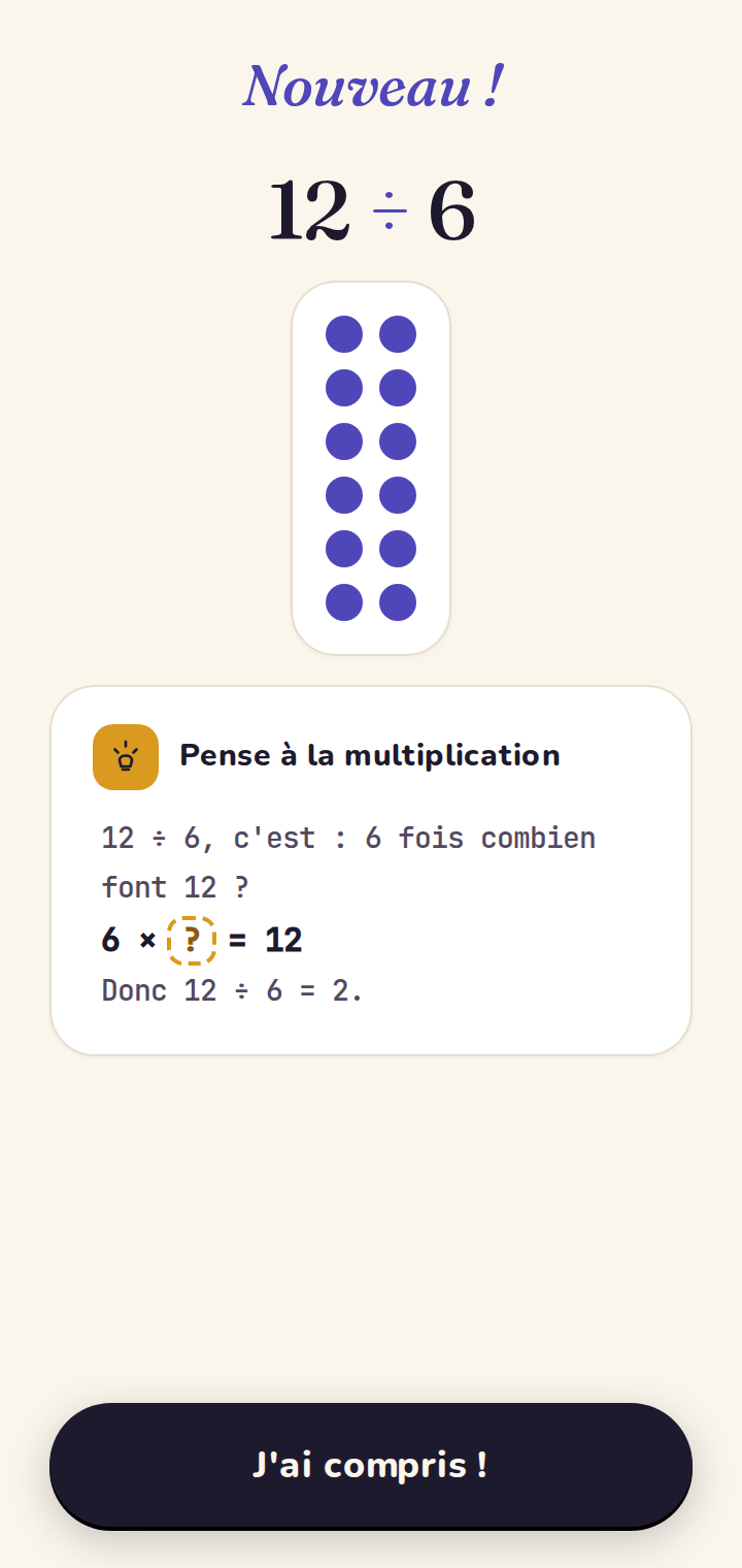 Introduction d'une division : « pense à la multiplication ».