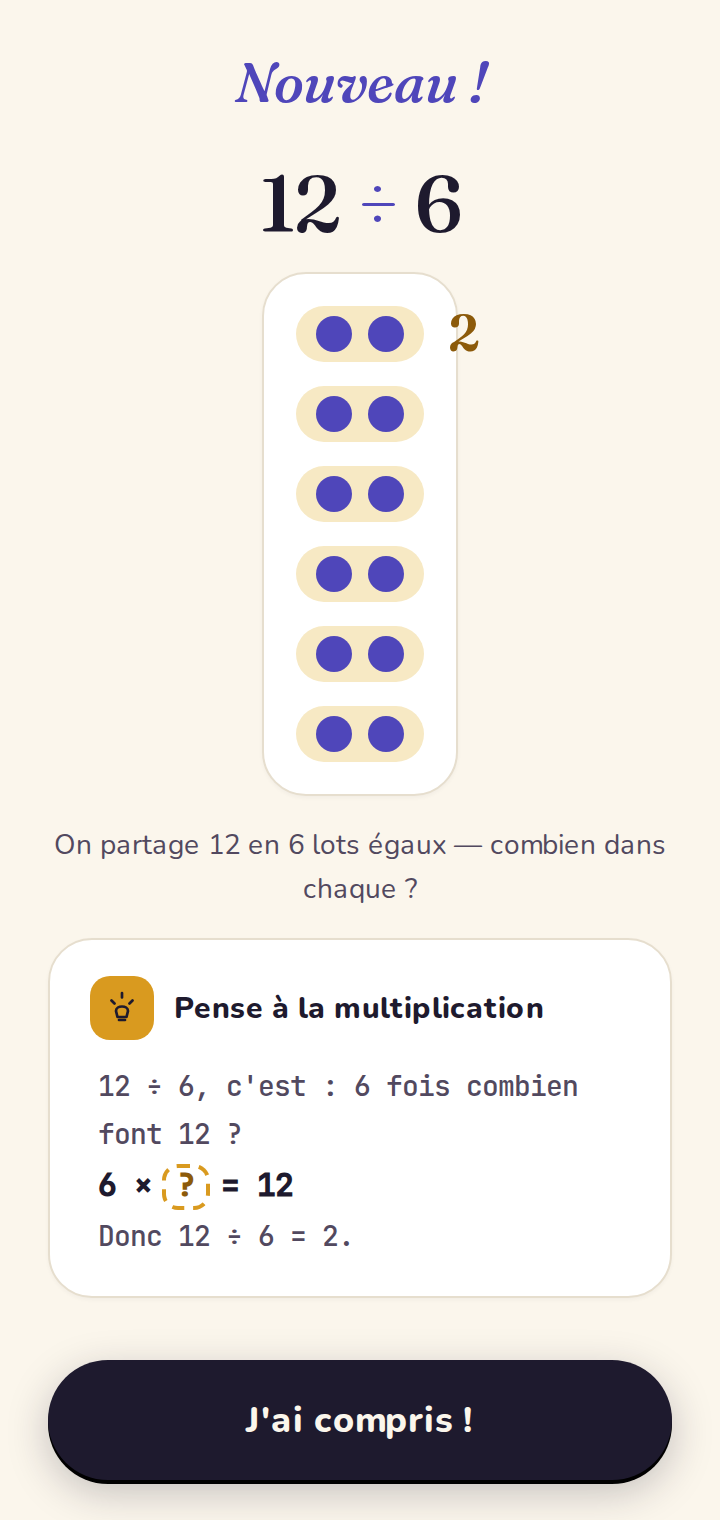 Introduction d'une division : « pense à la multiplication ».